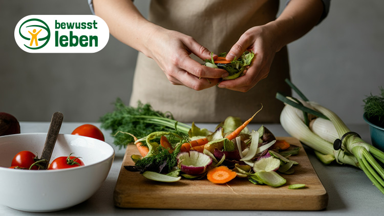 Hände bereiten frisches Gemüse wie Möhren und Fenchel auf einem Schneidebrett vor, oben links steht „bewusst leben“.