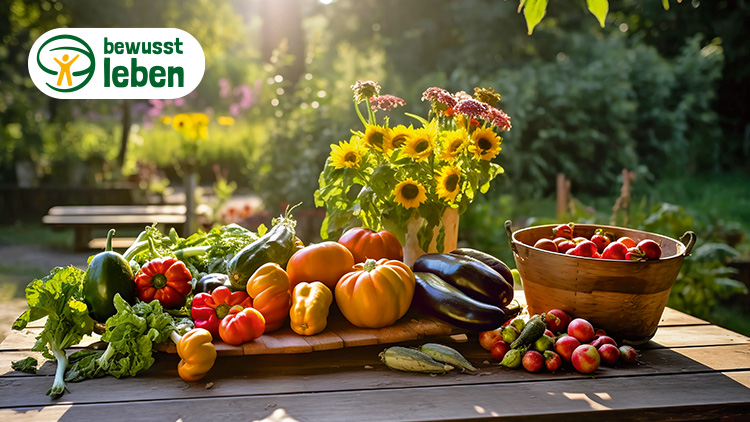 Ein Holzbrett mit buntem Gemüse wie Paprika und Zucchini sowie ein Korb mit Tomaten, dahinter leuchtende Sonnenblumen, Logo „bewusst leben“.