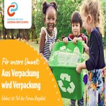 Drei Kinder halten eine grüne Recycling-Box, Text: Für unsere Umwelt, Aus Verpackung wird Verpackung, GLOBUS ist Teil der Forum Rezyklat.