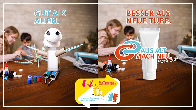 Links eine gebastelte Alienfigur aus Verpackungen, rechts eine weiße Tube mit Text „Besser als neue Tube Aus Alt mach Neu“.