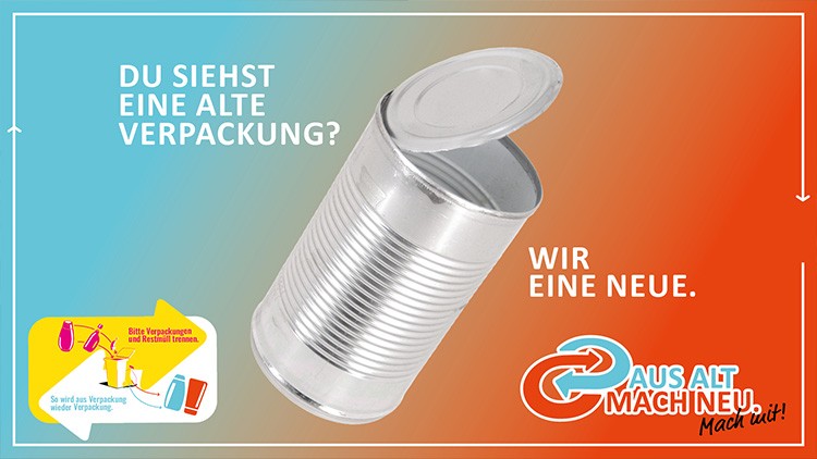 Eine geöffnete silberne Dose vor einem Farbverlauf mit den Texten „Du siehst eine alte Verpackung?“ und „Wir eine neue“.