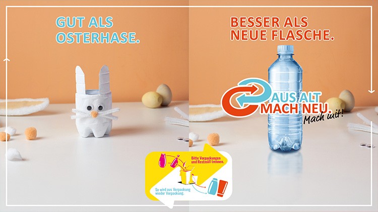 Links ein gebastelter Hase aus Plastikflasche mit Text „Gut als Osterhase“, rechts Plastikflasche mit Text „Besser als neue Flasche“.