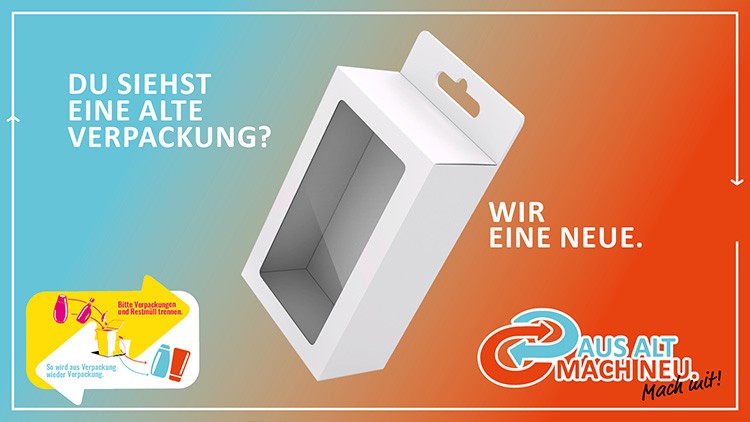 Eine weiße Verpackung mit Sichtfenster ist vor blau-orangefarbenem Verlauf, Text: „Du siehst eine alte Verpackung? Wir eine neue.“