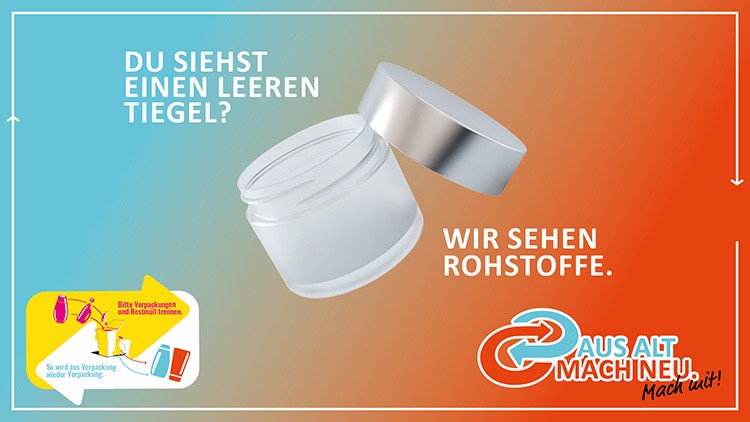 Ein leerer, transparenter Tiegel mit silbernem Deckel schwebt vor farbigem Hintergrund mit den Texten: \