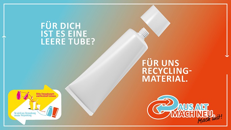 Eine weiße Tube mit abgenommenem Deckel, daneben stehender Text: \