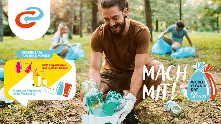 Eine Person mit Handschuhen sammelt Plastikflaschen in eine Kiste, Text: „Mach mit! World Cleanup Day am 16.09.23“.