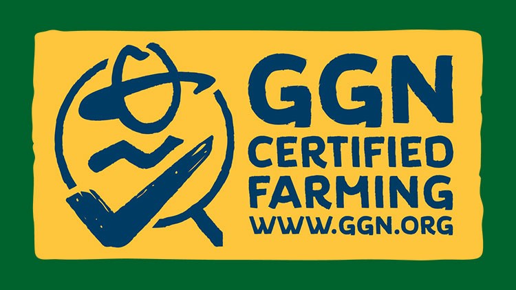 Gelbes Logo mit dunkelblauer Aufschrift „GGN Certified Farming www.ggn.org“, Grafik zeigt Hut und Haken mit Häkchen.