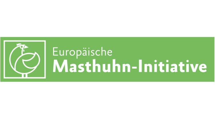 Weiße Schrift „Europäische Masthuhn-Initiative“ und ein stilisiertes Huhn in einem grünen Rechteck.