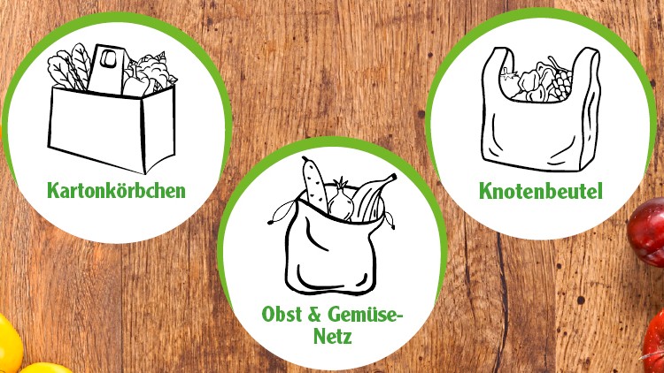 Drei gezeichnete Symbole mit Beschriftungen Kartonkörbchen, Obst & Gemüse-Netz und Knotenbeutel vor Holztisch mit Obst.