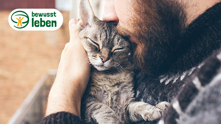 Eine Person mit Bart hält eine entspannt wirkende Katze, oben links das Logo „bewusst leben“.