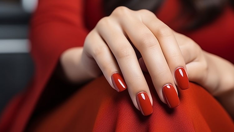 Hand mit roten, glänzenden Fingernägeln ruht auf einem roten Stoff, im Hintergrund unscharfe dunkle Details.