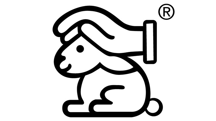 Ein Icon zeigt einen sitzenden Hasen, der von einer Hand am Kopf gestreichelt wird, oben rechts ist ein eingekreistes R-Symbol.