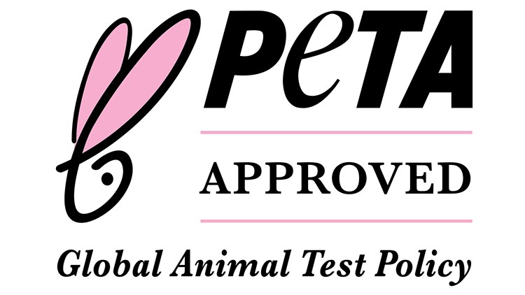 Schwarzer Schriftzug PETA mit rosa Hasenohr-Grafik, darunter steht APPROVED und Global Animal Test Policy in Schwarz.
