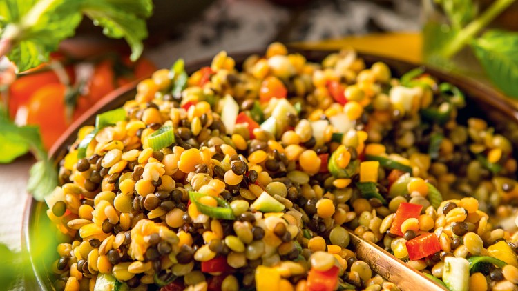 Bunte Linsensalat-Mischung mit Paprika, Gurken und Kräutern in einer Schale, umgeben von weiteren Speisen und Minzblättern.