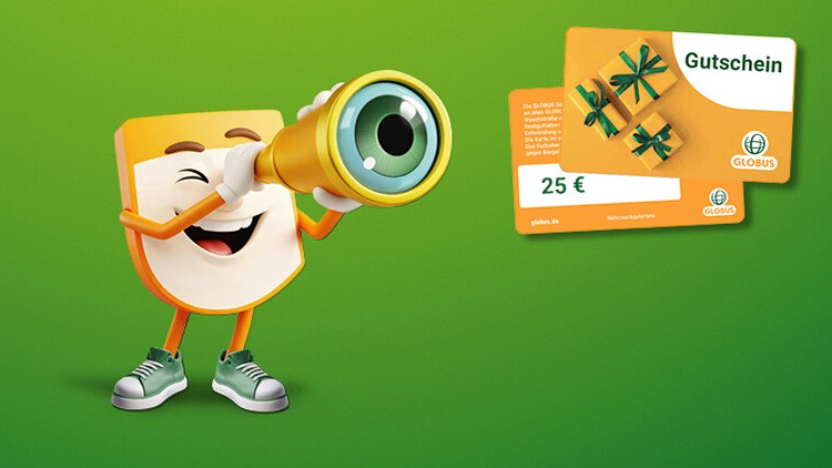 Ein lachendes PAYBACK Pointee hält ein gelbes Fernrohr, daneben zwei GLOBUS Gutscheine mit 25 € Wert auf grünem Hintergrund.