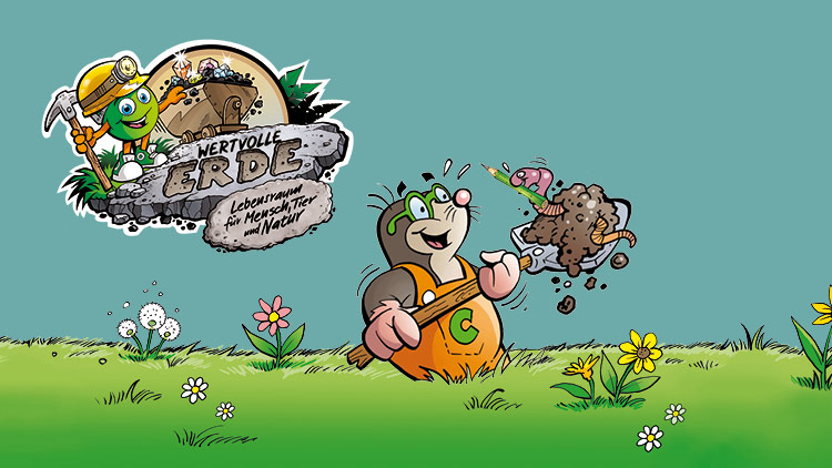 Globini mit Bergbauhelm und Globus-Maulwurf mit Schaufel heben Erde auf Wiese, Schriftzug: Wertvolle Erde, Lebensraum für Mensch, Tier und Natur.