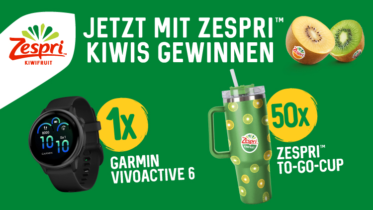 Grüner Hintergrund mit Text „Jetzt mit Zespri™ Kiwis gewinnen“, daneben Kiwis, eine schwarze Smartwatch und ein grüner To-Go-Cup.