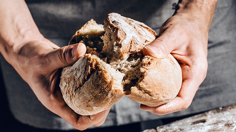 Zwei Hände brechen einen runden Laib Brot in der Mitte auseinander, im Hintergrund ist ein graues Schürzentuch sichtbar.