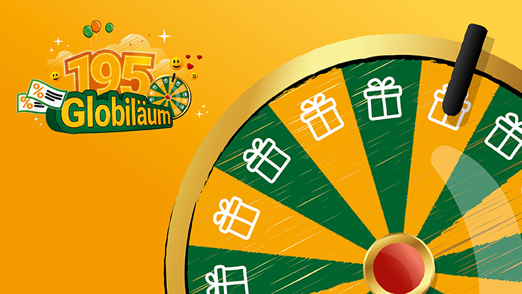 Grüne Drehscheibe mit goldener Umrandung zeigt weiße Geschenkbox-Symbole und schwarzen Zeiger, Aufschrift „195 Globilaum“ oben links.