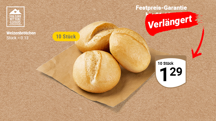 Drei goldbraune Weizenbrötchen liegen auf braunem Papier, daneben Text: 10 Stück, 1,29 Euro, Festpreis-Garantie verlängert.
