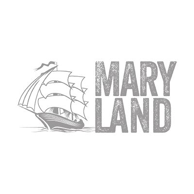 Graues Segelschiff neben dem Schriftzug „MARYLAND“ in Großbuchstaben, beide in einem schlichten, strukturierten Design.