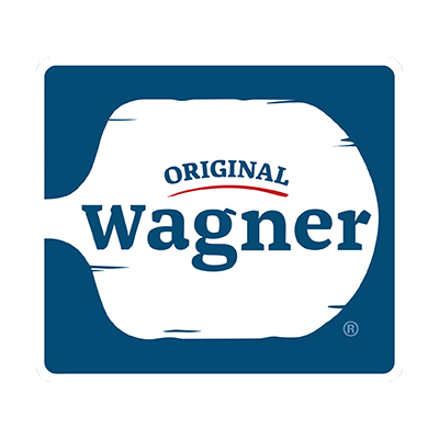 Blaues Logo mit weißer Pizzaschaufel und den Worten ORIGINAL Wagner, Schriftzug Wagner in Großbuchstaben und rotem Bogen.