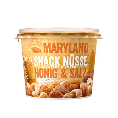 Becher mit Maryland Snack Nüsse, geröstet und veredelt mit Honig und Salz, Text und Bilder von Nüssen auf gelbem Hintergrund.