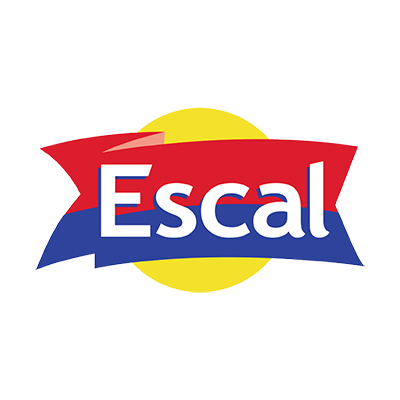 Logo mit gelbem Kreis im Hintergrund, rotem Banner darüber und blauem Banner darunter, Schriftzug „Escal“ in Weiß zentriert.