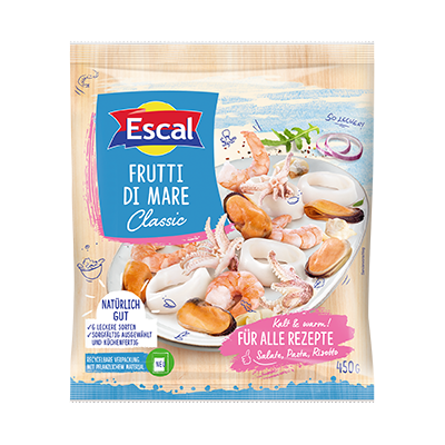 Verpackung von Escal Frutti di Mare Classic mit Meeresfrüchten, Texte: „Natürlich gut“, „Für alle Rezepte“, Gewicht: 450 g.
