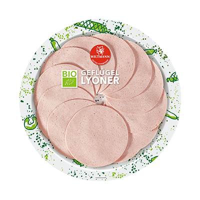 Runde Platte mit dünn geschnittenen Bio-Geflügel-Lyoner-Scheiben, Text „BIO Geflügel Lyoner“ und „Wiltmann“ auf der Verpackung.