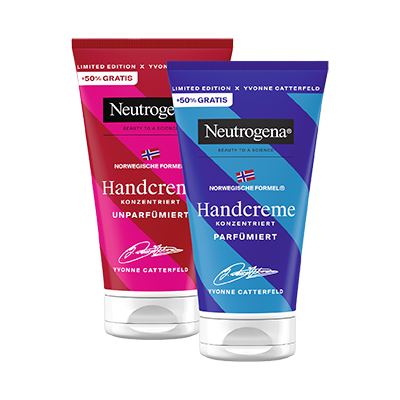 Zwei Neutrogena-Handcremes, pink und blau, mit der Aufschrift „konzentriert“ und „+50% Gratis“, Limited Edition Yvonne Catterfeld.