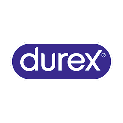 Weißes „durex“-Logo in abgerundeter, weißer Schrift auf blauem Hintergrund mit einem dünnen weißen Rand.
