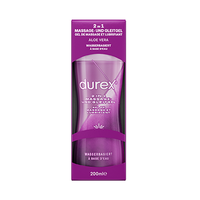 Lila Verpackung mit Aufschrift „Durex 2 in 1 Massage- und Gleitgel Aloe Vera wasserbasiert“ und Füllmenge 200 ml.