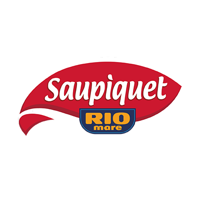 Rotes Logo von Saupiquet mit weißer Schrift, darunter das blaue und orangefarbene Rio Mare-Logo.