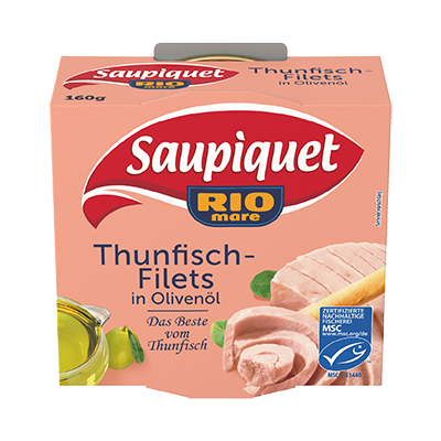 Verpackung Saupiquet RIO mare Thunfisch-Filets in Olivenöl, 160 g, mit MSC-Siegel und Abbildung von Thunfisch und einem Ölglas.