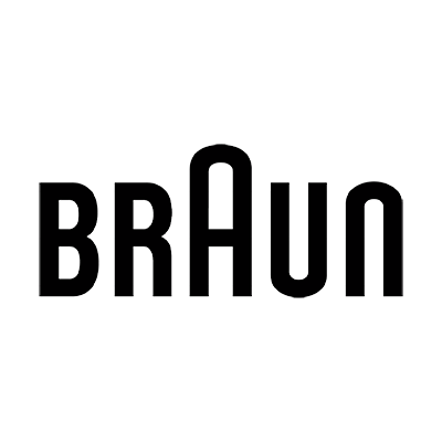 Schwarzes Logo mit dem Schriftzug BRAUN in serifenloser Schrift, das A enthält eine Lücke im oberen Bereich des Buchstabens.