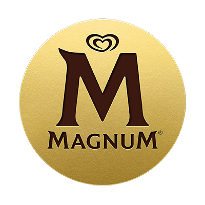 Goldene kreisförmige Fläche mit braunem M, darüber ein Herzsymbol, darunter brauner Schriftzug MAGNUM.