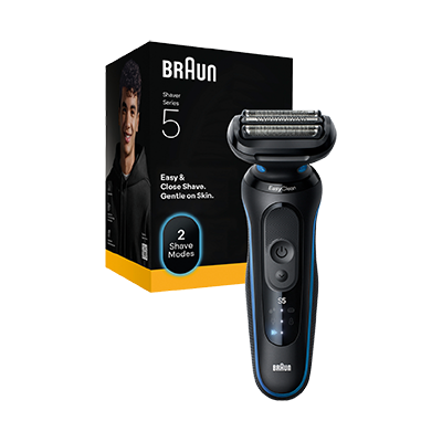 Elektrorasierer BRAUN Series 5 mit Display und Box, Text auf Verpackung: Easy & Close Shave, Gentle on Skin, 2 Shave Modes.
