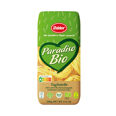 Grüne und gelbe Verpackung mit der Aufschrift „Paradiso Bio Tagliatelle“, Nutri-Score A und 500 g, Zertifikate sind abgebildet.