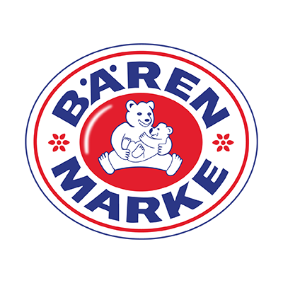 Weißer Bär hält einen kleinen Bären im roten Kreis, umgeben von dem Schriftzug „BÄRENMARKE“ und blauem Hintergrund.