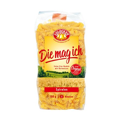 Verpackung mit gelben Spiralnudeln, rotem Schriftzug „Die mag ich“, Marke „3 Glocken“, 500 g, Kochzeit 5 Minuten.