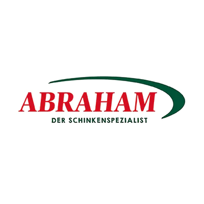 Roter Schriftzug „ABRAHAM Der Schinkenspezialist“ mit grünem Bogen über dem Text auf weißem Hintergrund.