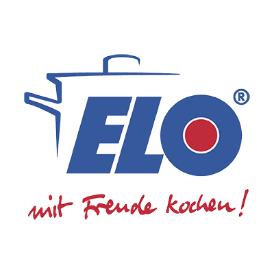 Schriftzug „ELO“ in Blau mit rotem Kreis im Buchstaben O, darunter der rote Text „mit Freude kochen!“, vor schwarzem Hintergrund.
