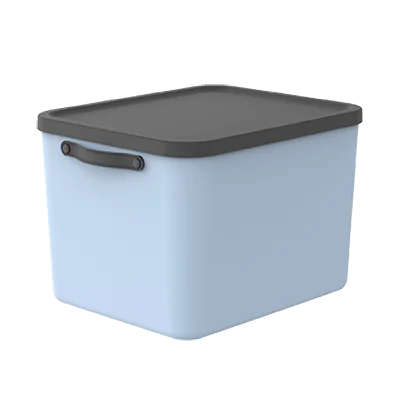 Rechteckige hellblaue Aufbewahrungsbox mit dunkelgrauem Deckel und seitlichen Griffen aus Kunststoff.