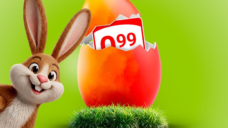 Rotes Osterei mit weiß-rotem Schild und der Zahl „99“ auf grünem Gras, neben einem Hasen mit sichtbaren Ohren.