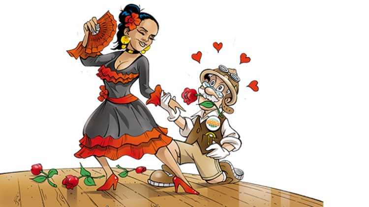 Ein tanzender Professor Globus kniet mit einer Rose im Mund vor einer Frau im Flamenco-Kleid, Herzen umgeben die Szene.