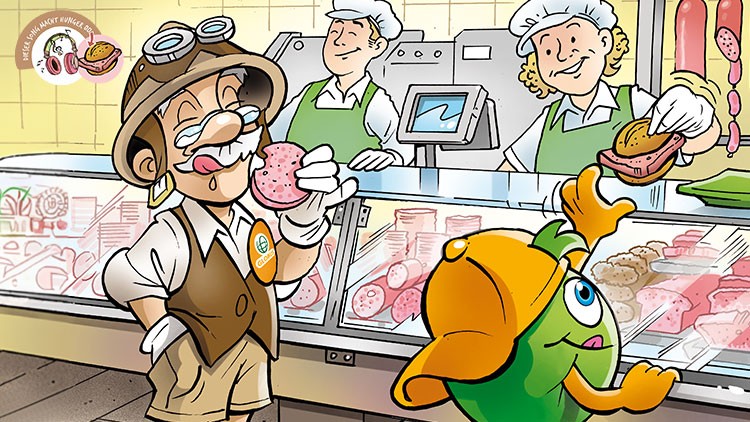 Professor Globus hält eine Wurstscheibe in der Hand, Globini freut sich, und Fachkräfte stehen hinter der Wursttheke.