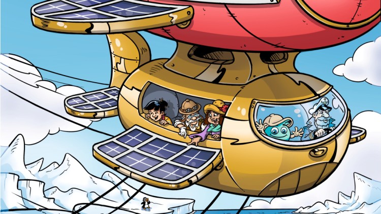 Ein goldenes Luftschiff mit Solarpanels fliegt über eine eisige Landschaft, fünf Figuren und Globini schauen aus Fenstern.