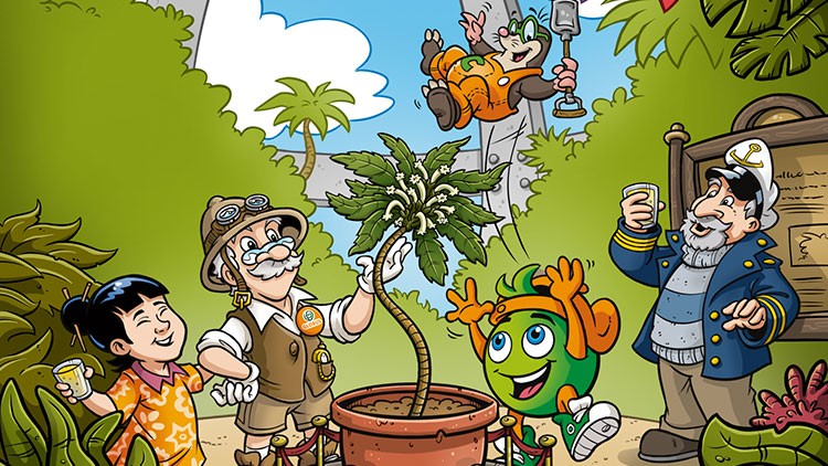 Professor Globus, Globini, ein Kapitän und ein Eichhörnchen feiern mit Getränken neben einer Pflanze in einem Topf.
