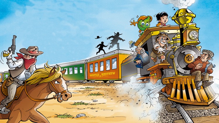 Eine Westernlokomotive fährt mit Globini und weiteren Figuren, während ein Cowboy auf einem Pferd daneben reitet.